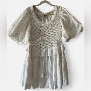 A Loves A White Crochet Balloon Sleeve Ruffle Mini Dress Size Small NWOT